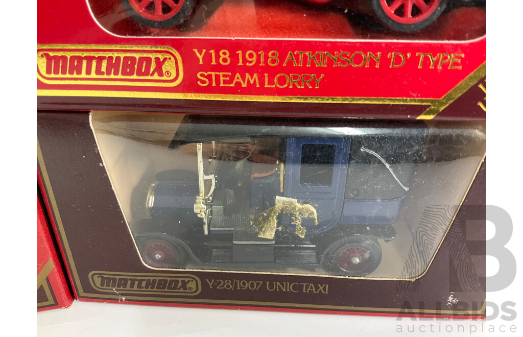 Vintage Matchbox Models of Yesteryear Vehicles Including Unic Taxi, 1918 Atkinson, 1912 Model T, Preston Tramcar, 1922 Foden Steam Lorry