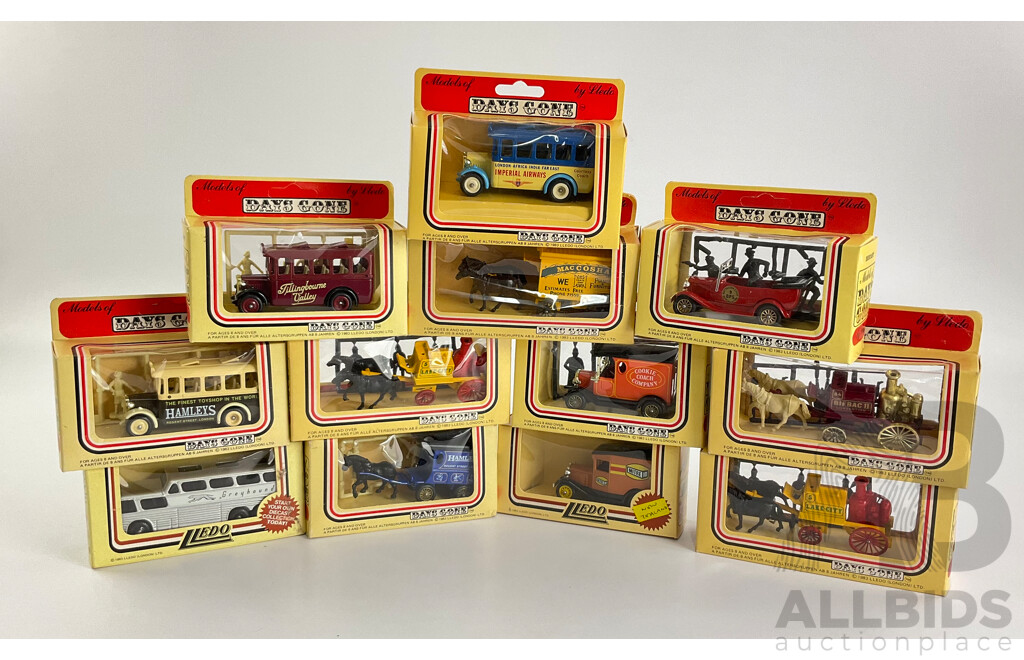 Collection of Lledo Days Gone Diecast Vehicles Including Trucks, Buses and Horse Drawn Carriages