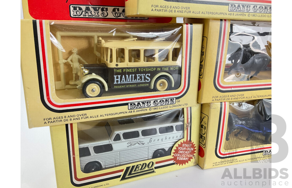 Collection of Lledo Days Gone Diecast Vehicles Including Trucks, Buses and Horse Drawn Carriages