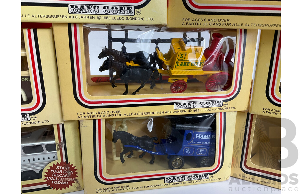 Collection of Lledo Days Gone Diecast Vehicles Including Trucks, Buses and Horse Drawn Carriages