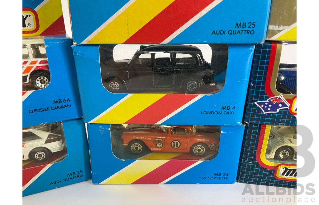 Collection of 1980's-90's Matchbox Vehicles Including London Taxi, Peterbilt Readymix, Audi Quattro, Sauber Group C