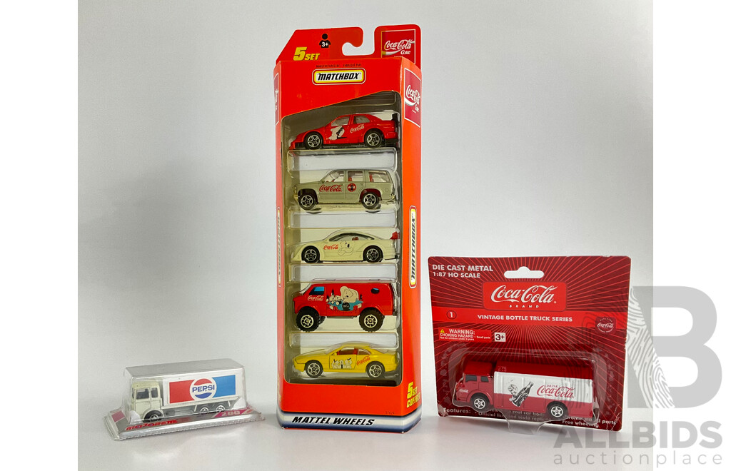 Vintage Matchbox Coca Cola Five Vehicle Set with Coca Cola and Pepsi Delivery Trucks