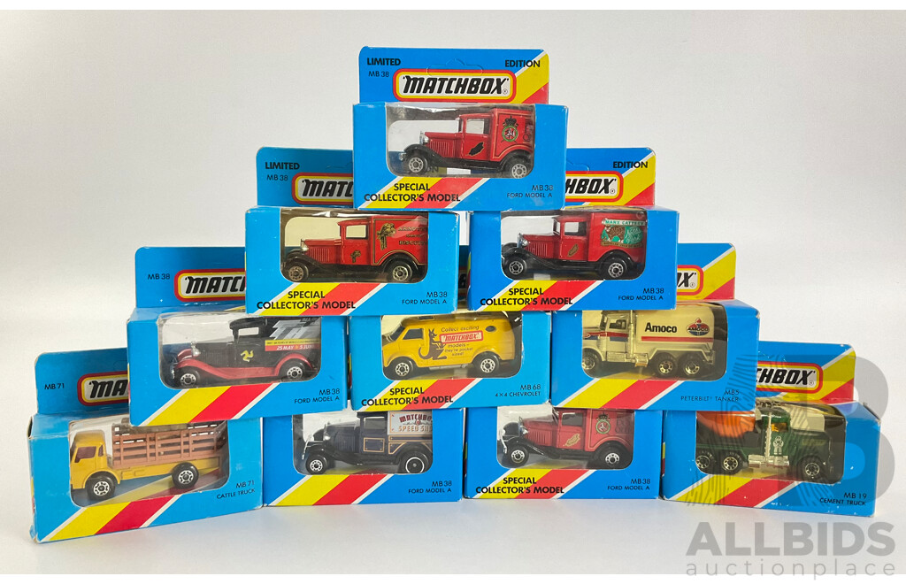 Ten Boxed 1980's Matchbox Trucks and Vans Including Cattle Truck, Ford Model A, Peterbilt Tanker, 4x4 Chevrolet