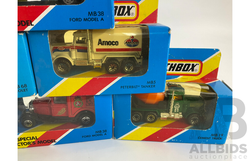 Ten Boxed 1980's Matchbox Trucks and Vans Including Cattle Truck, Ford Model A, Peterbilt Tanker, 4x4 Chevrolet