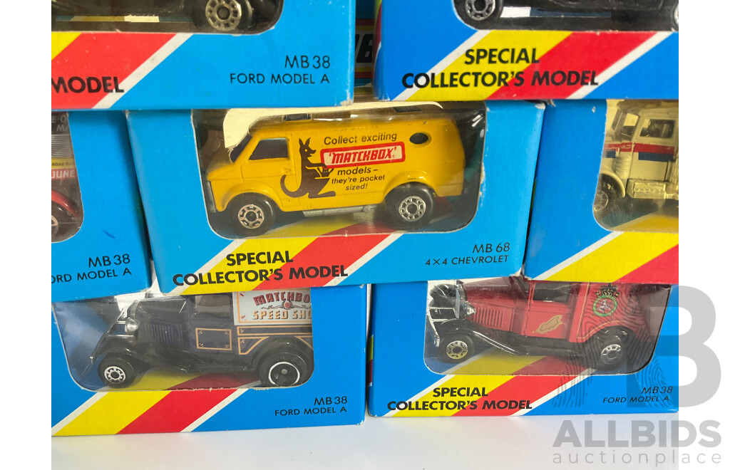 Ten Boxed 1980's Matchbox Trucks and Vans Including Cattle Truck, Ford Model A, Peterbilt Tanker, 4x4 Chevrolet