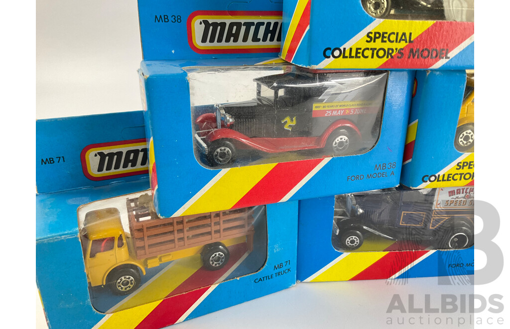 Ten Boxed 1980's Matchbox Trucks and Vans Including Cattle Truck, Ford Model A, Peterbilt Tanker, 4x4 Chevrolet