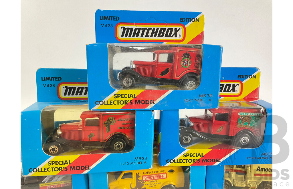 Ten Boxed 1980's Matchbox Trucks and Vans Including Cattle Truck, Ford Model A, Peterbilt Tanker, 4x4 Chevrolet