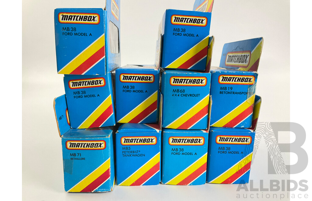 Ten Boxed 1980's Matchbox Trucks and Vans Including Cattle Truck, Ford Model A, Peterbilt Tanker, 4x4 Chevrolet