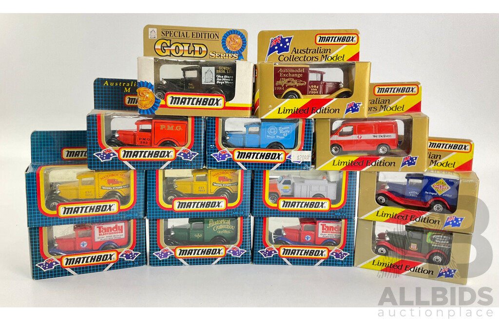Vintage Matchbox Trucks and Vans Including Ford Transit Australia Post, Ford Model A P.M.G, Tandy, Wagga Easter Rally