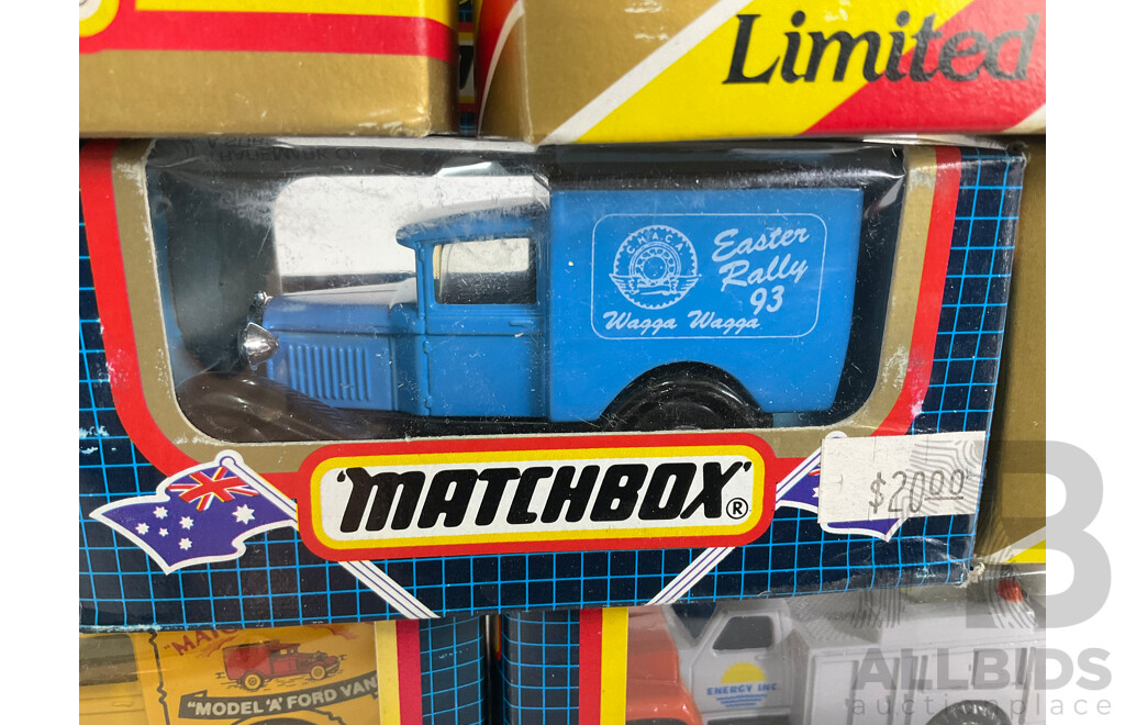 Vintage Matchbox Trucks and Vans Including Ford Transit Australia Post, Ford Model A P.M.G, Tandy, Wagga Easter Rally