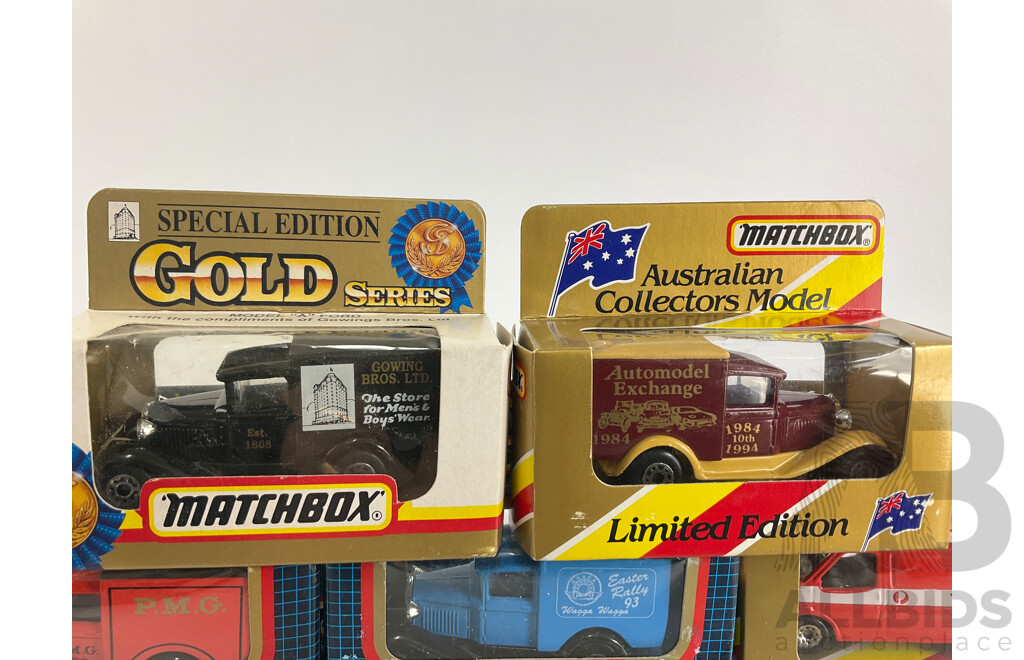 Vintage Matchbox Trucks and Vans Including Ford Transit Australia Post, Ford Model A P.M.G, Tandy, Wagga Easter Rally