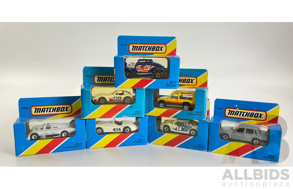 Seven 1980's Matchbox Vehicles Including 1933 Willys, Ford RS 200, Volvo, 760, Jaguar XK-120, Corvette, Sauber Group C