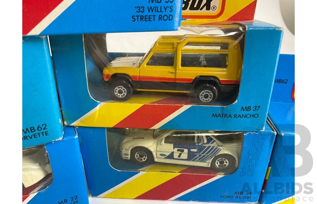 Seven 1980's Matchbox Vehicles Including 1933 Willys, Ford RS 200, Volvo, 760, Jaguar XK-120, Corvette, Sauber Group C