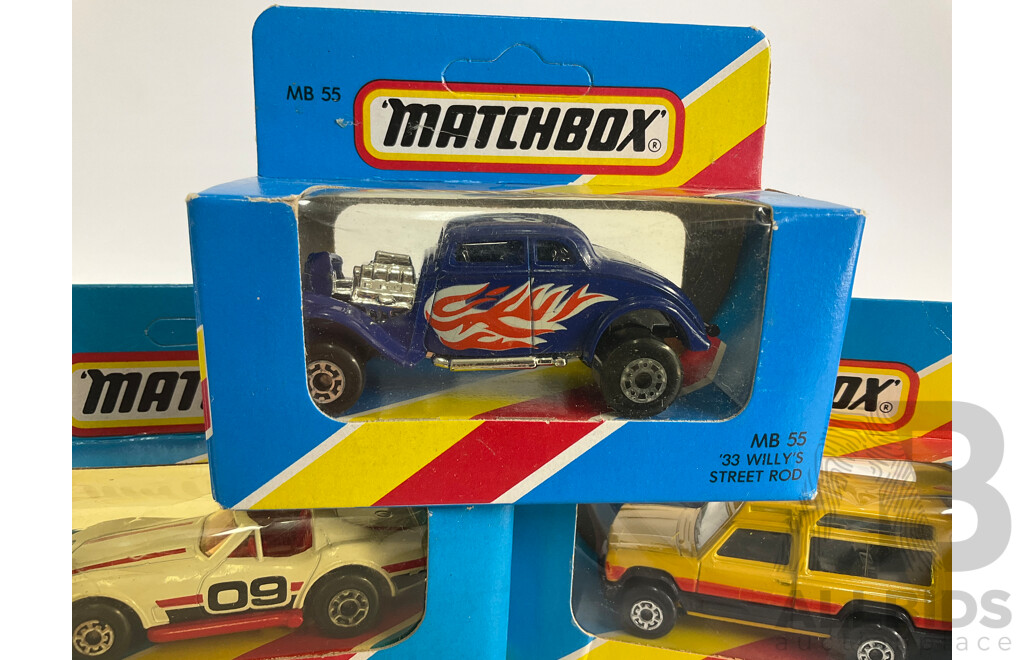 Seven 1980's Matchbox Vehicles Including 1933 Willys, Ford RS 200, Volvo, 760, Jaguar XK-120, Corvette, Sauber Group C