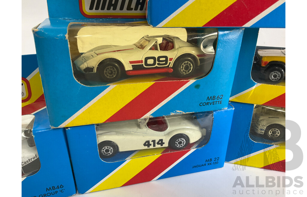 Seven 1980's Matchbox Vehicles Including 1933 Willys, Ford RS 200, Volvo, 760, Jaguar XK-120, Corvette, Sauber Group C