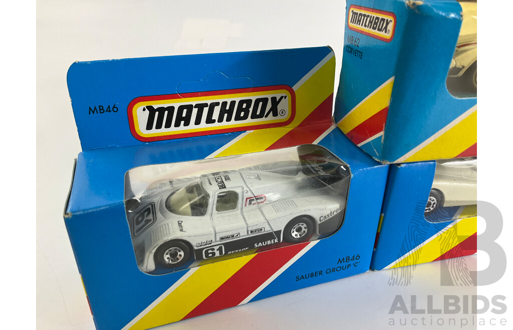 Seven 1980's Matchbox Vehicles Including 1933 Willys, Ford RS 200, Volvo, 760, Jaguar XK-120, Corvette, Sauber Group C