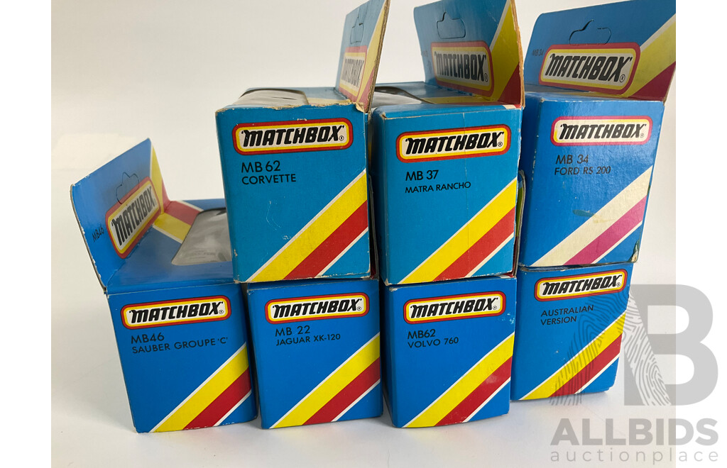 Seven 1980's Matchbox Vehicles Including 1933 Willys, Ford RS 200, Volvo, 760, Jaguar XK-120, Corvette, Sauber Group C
