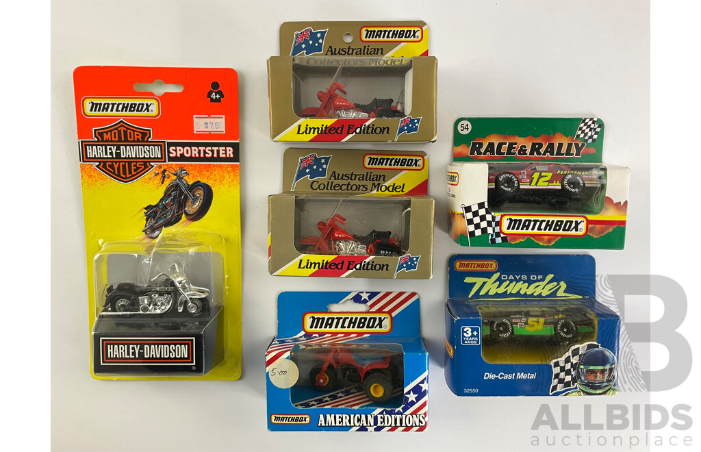 Vintage Matchbox Motorcycles and NASCAR Including Days of Thunder Cole Trickle Chevrolet Lumina, Harley Davidson Sportster, P.M.G, Trike