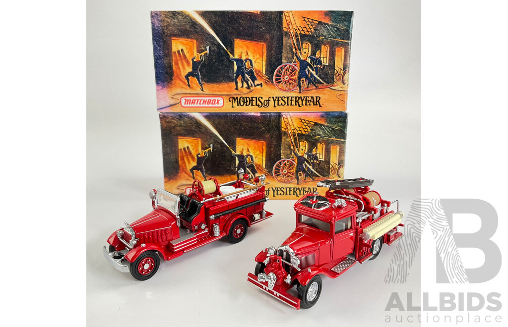 Vintage Matchbox Models of Yesteryear Fire Engine Series Including 1935 Mack AB and 1932 Ford Model AA