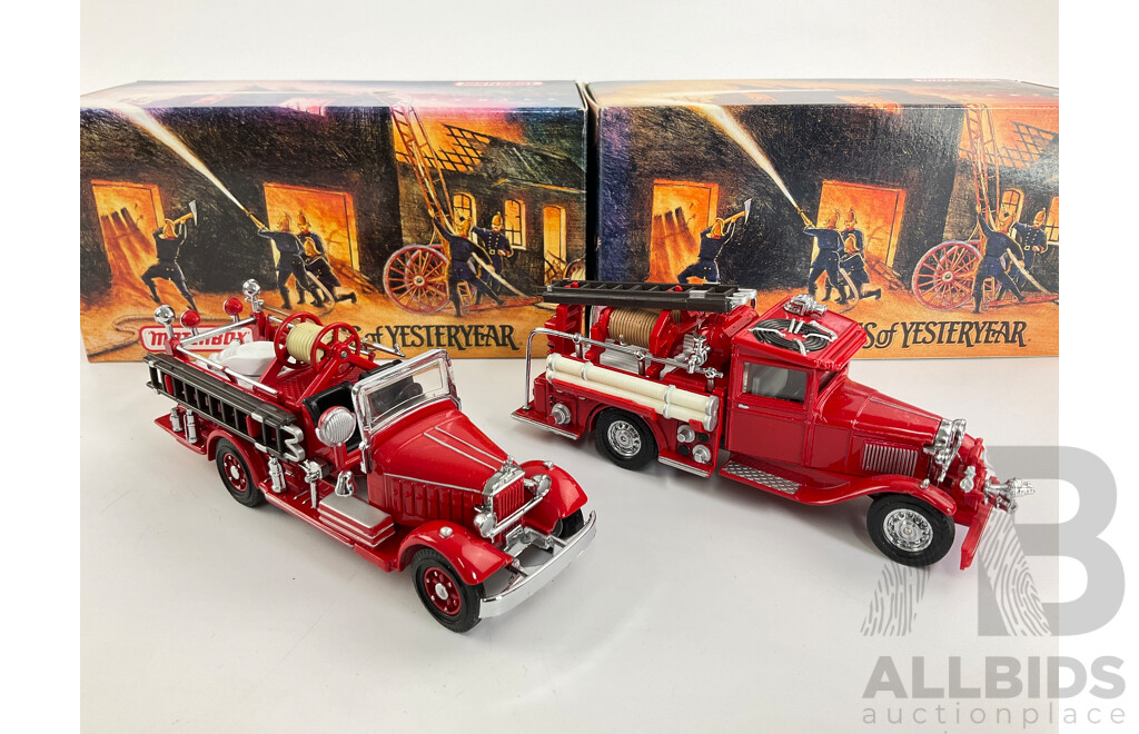 Vintage Matchbox Models of Yesteryear Fire Engine Series Including 1935 Mack AB and 1932 Ford Model AA