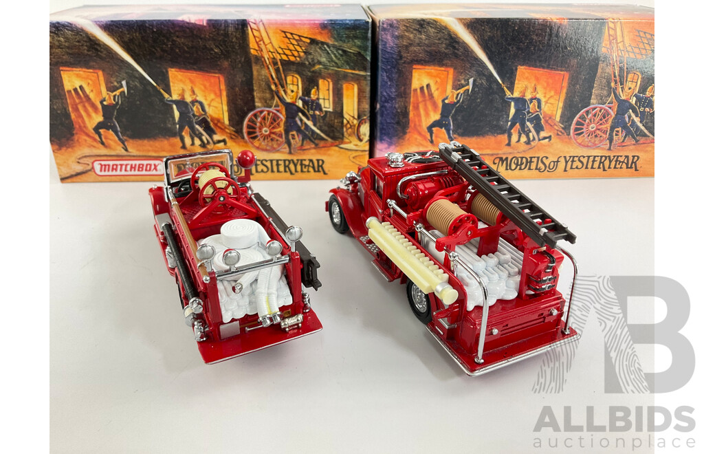 Vintage Matchbox Models of Yesteryear Fire Engine Series Including 1935 Mack AB and 1932 Ford Model AA