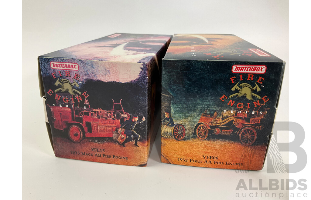 Vintage Matchbox Models of Yesteryear Fire Engine Series Including 1935 Mack AB and 1932 Ford Model AA