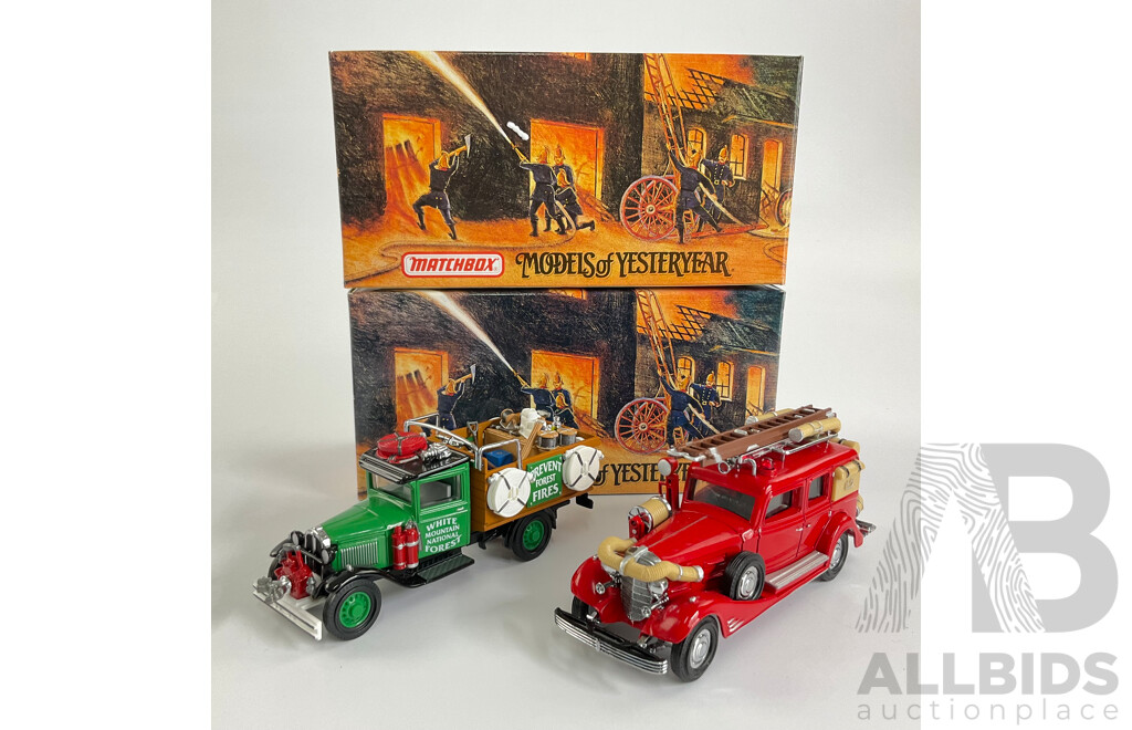 Vintage Matchbox Models of Yesteryear Fire Engine Series Including 1932 Ford Model AA Forest Fire Truck and 1933 Cadillac Fire Wagon