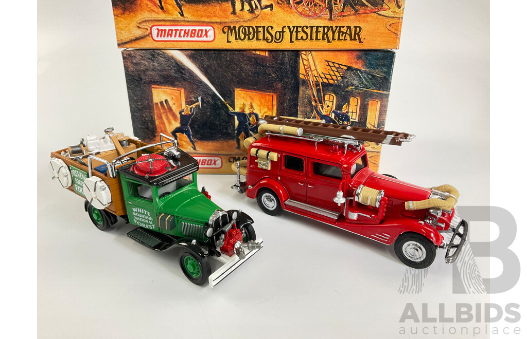 Vintage Matchbox Models of Yesteryear Fire Engine Series Including 1932 Ford Model AA Forest Fire Truck and 1933 Cadillac Fire Wagon