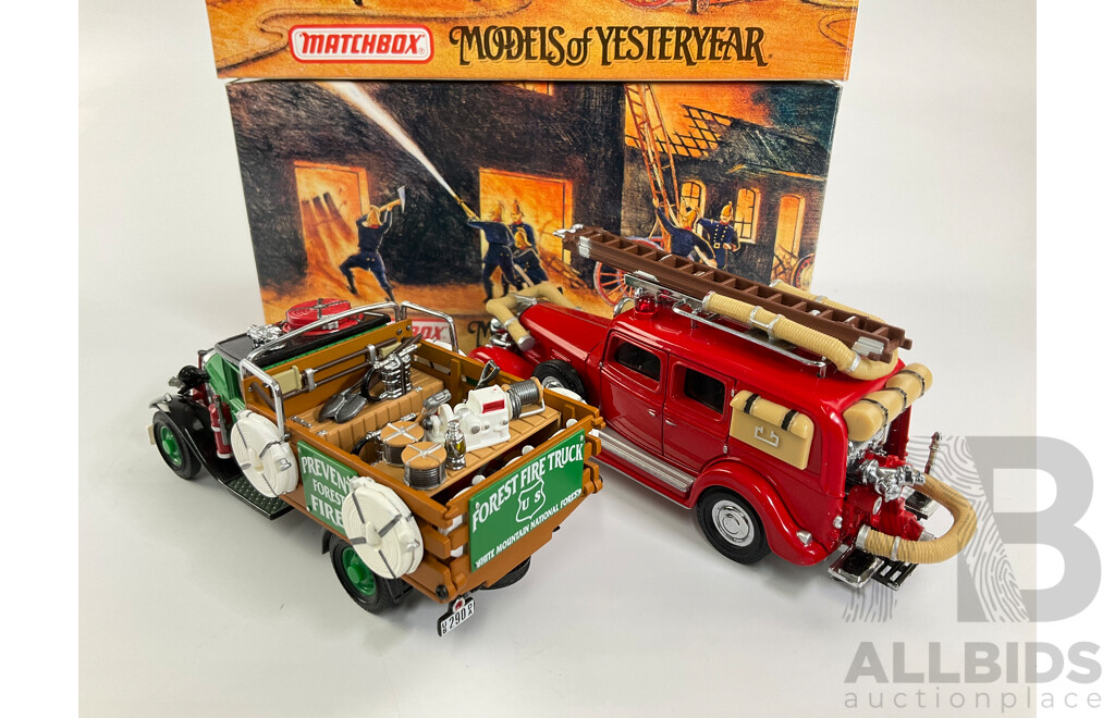 Vintage Matchbox Models of Yesteryear Fire Engine Series Including 1932 Ford Model AA Forest Fire Truck and 1933 Cadillac Fire Wagon