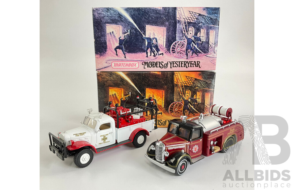 Vintage Matchbox Models of Yesteryear Fire Engine Series Including 1939 Bedford Airport Civil Fire Truck and 1946 Dodge Power Wagon