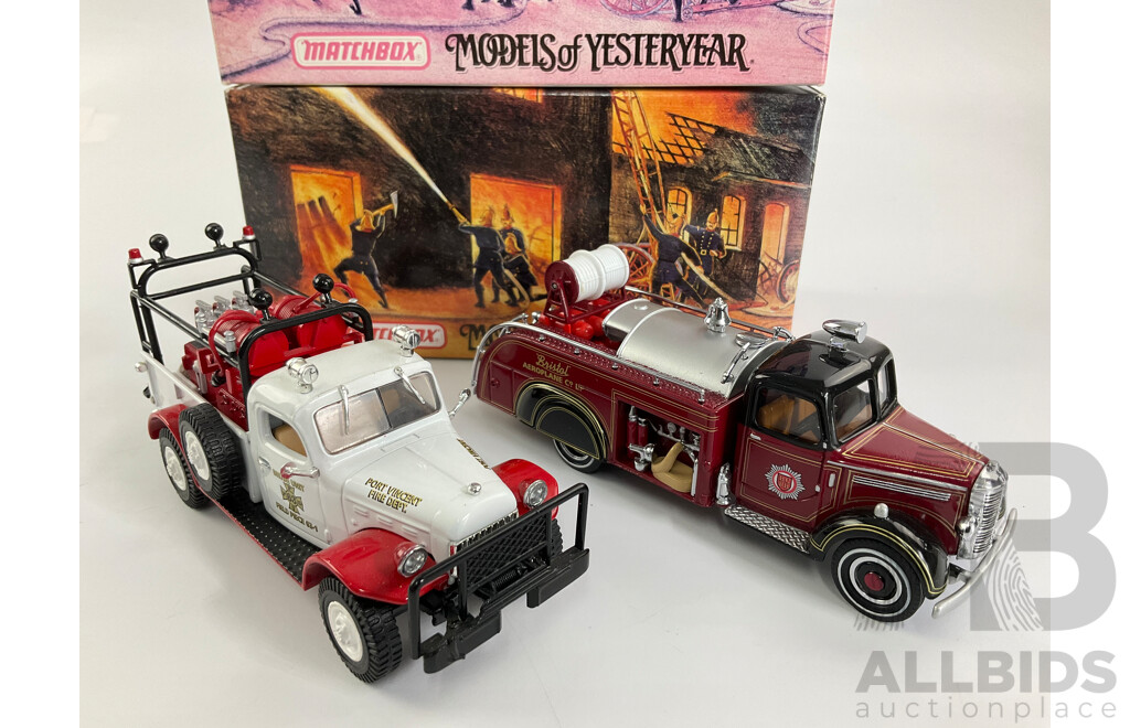 Vintage Matchbox Models of Yesteryear Fire Engine Series Including 1939 Bedford Airport Civil Fire Truck and 1946 Dodge Power Wagon