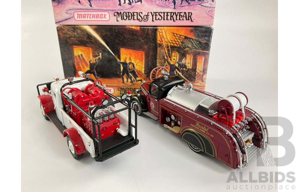 Vintage Matchbox Models of Yesteryear Fire Engine Series Including 1939 Bedford Airport Civil Fire Truck and 1946 Dodge Power Wagon