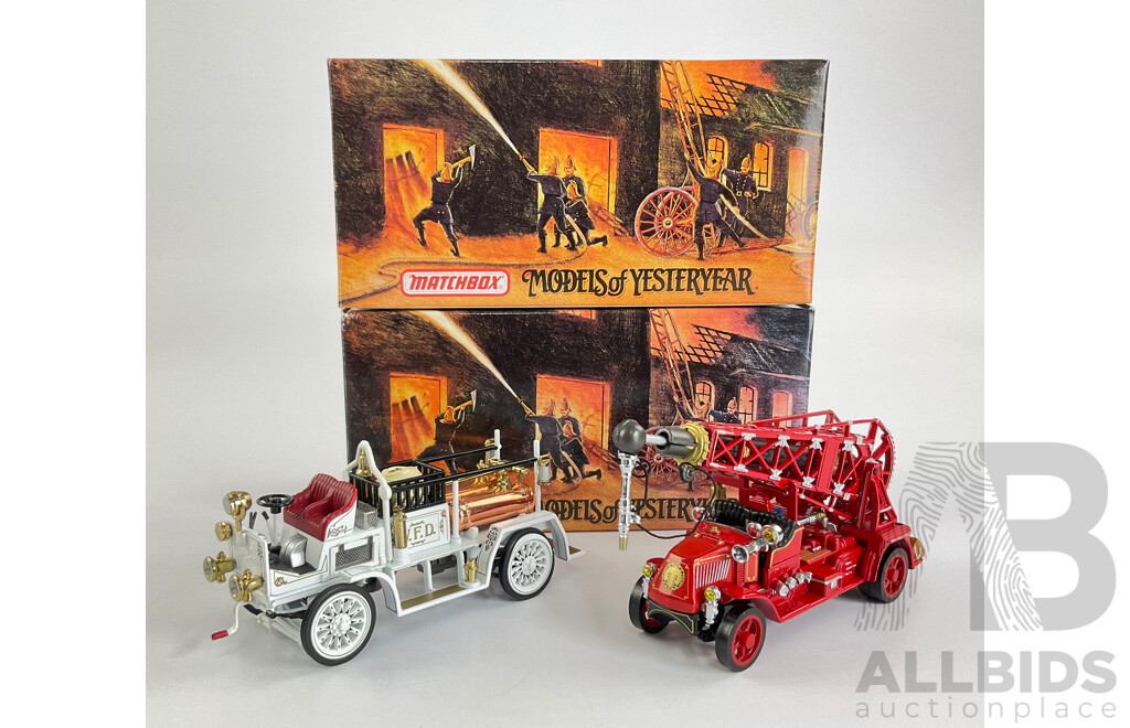 Vintage Matchbox Models of Yesteryear Fire Engine Series Including 1920 Mack AC Water Tower Truck and 1907 Seagrave AC53