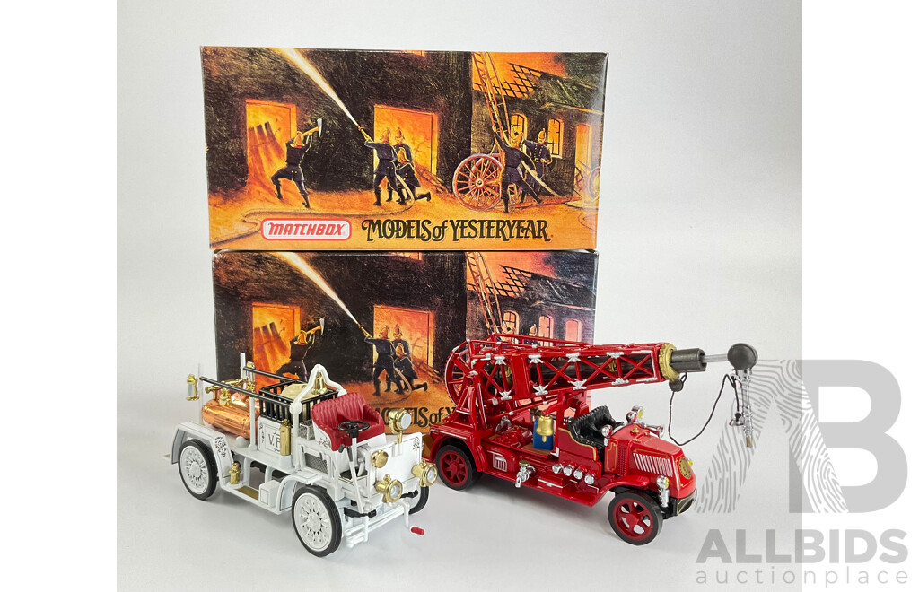 Vintage Matchbox Models of Yesteryear Fire Engine Series Including 1920 Mack AC Water Tower Truck and 1907 Seagrave AC53