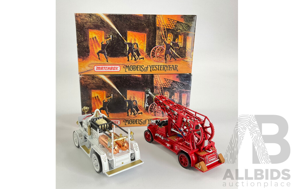 Vintage Matchbox Models of Yesteryear Fire Engine Series Including 1920 Mack AC Water Tower Truck and 1907 Seagrave AC53