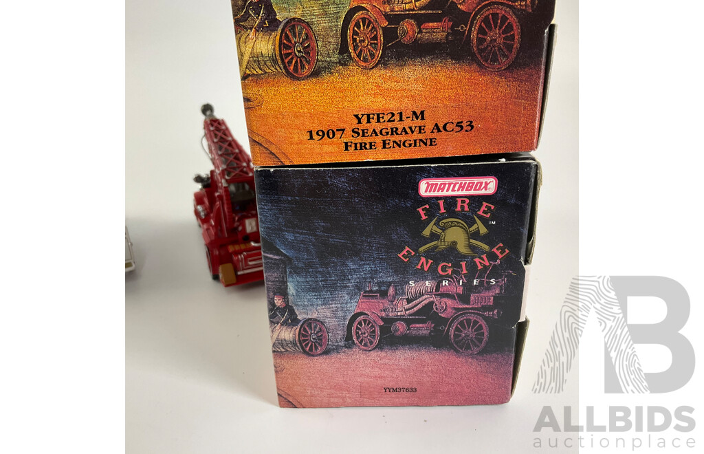 Vintage Matchbox Models of Yesteryear Fire Engine Series Including 1920 Mack AC Water Tower Truck and 1907 Seagrave AC53