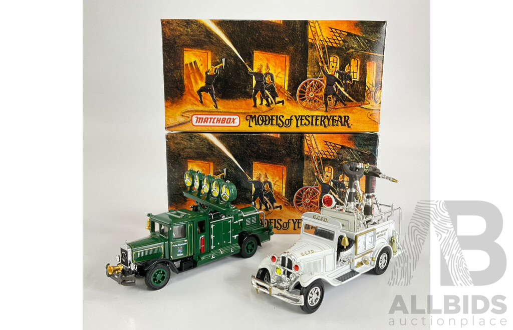 Vintage Matchbox Models of Yesteryear Fire Engine Series Including 1932 Mercedes Benz L5 and 1932 Ford AA H/P Hose Gun