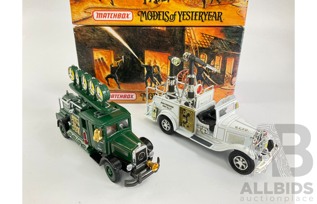 Vintage Matchbox Models of Yesteryear Fire Engine Series Including 1932 Mercedes Benz L5 and 1932 Ford AA H/P Hose Gun