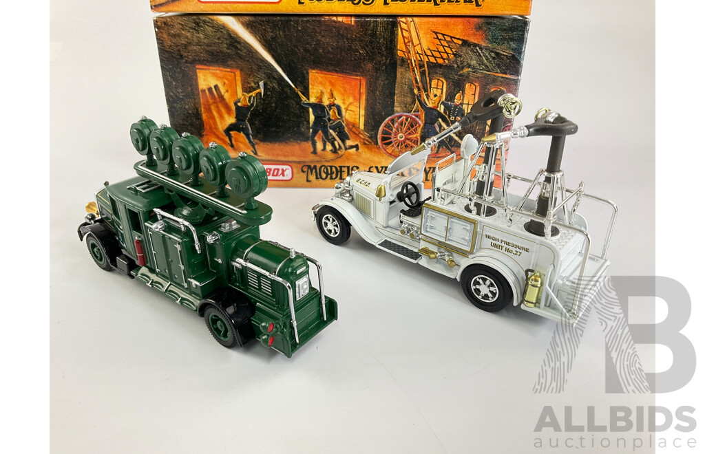 Vintage Matchbox Models of Yesteryear Fire Engine Series Including 1932 Mercedes Benz L5 and 1932 Ford AA H/P Hose Gun