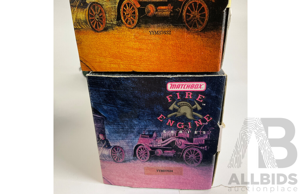Vintage Matchbox Models of Yesteryear Fire Engine Series Including 1932 Mercedes Benz L5 and 1932 Ford AA H/P Hose Gun