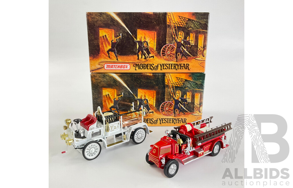 Vintage Matchbox Models of Yesteryear Fire Engine Series Including 1907 Seagrave AC53 and 1920 Mack AC