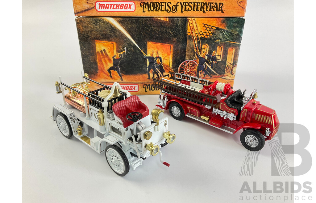 Vintage Matchbox Models of Yesteryear Fire Engine Series Including 1907 Seagrave AC53 and 1920 Mack AC