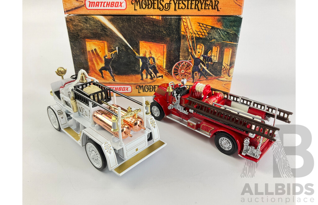 Vintage Matchbox Models of Yesteryear Fire Engine Series Including 1907 Seagrave AC53 and 1920 Mack AC