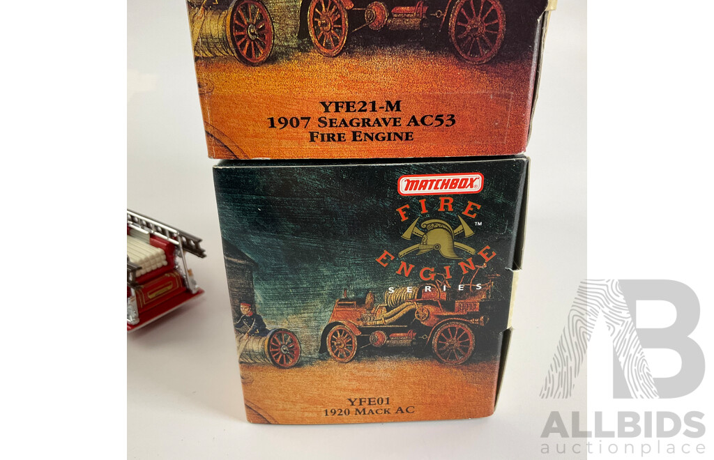 Vintage Matchbox Models of Yesteryear Fire Engine Series Including 1907 Seagrave AC53 and 1920 Mack AC
