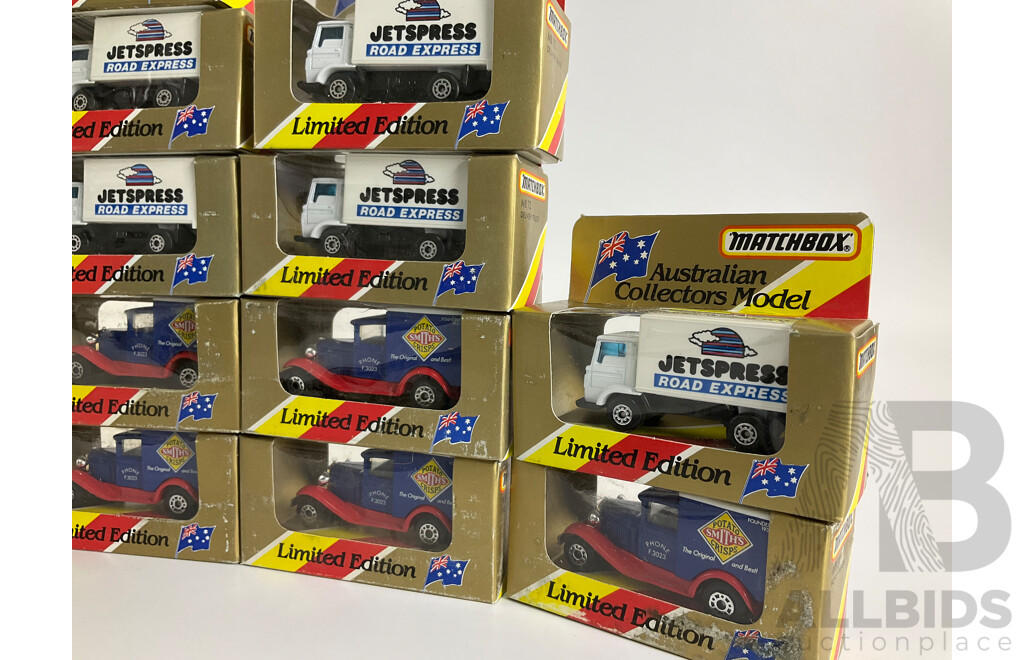 Twenty Four Matchbox Australian Collectors Model Limited Edition Vehicles Jetspress Road Express Delivery Trucks(13) and Ford Model A Smiths Delivery Trucks(11)