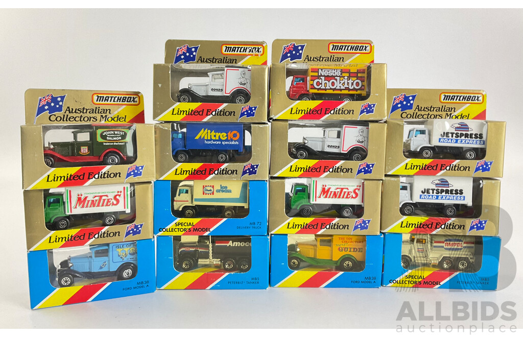 Fourteen Matchbox Australian Collectors Models/Special Collector's Models Trucks Including Ampol, Amoco, Minties, John West, Mitre 10, Chokito, Streets, Bonds
