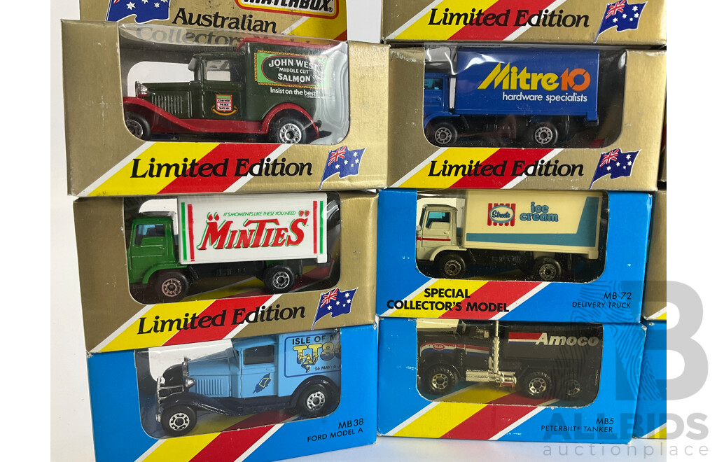 Fourteen Matchbox Australian Collectors Models/Special Collector's Models Trucks Including Ampol, Amoco, Minties, John West, Mitre 10, Chokito, Streets, Bonds