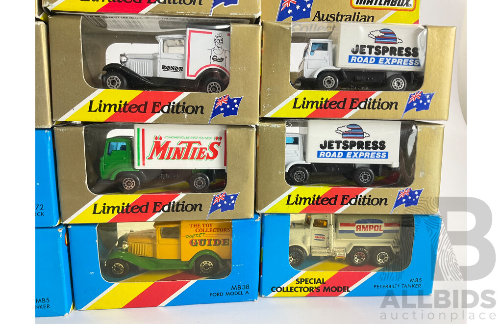 Fourteen Matchbox Australian Collectors Models/Special Collector's Models Trucks Including Ampol, Amoco, Minties, John West, Mitre 10, Chokito, Streets, Bonds