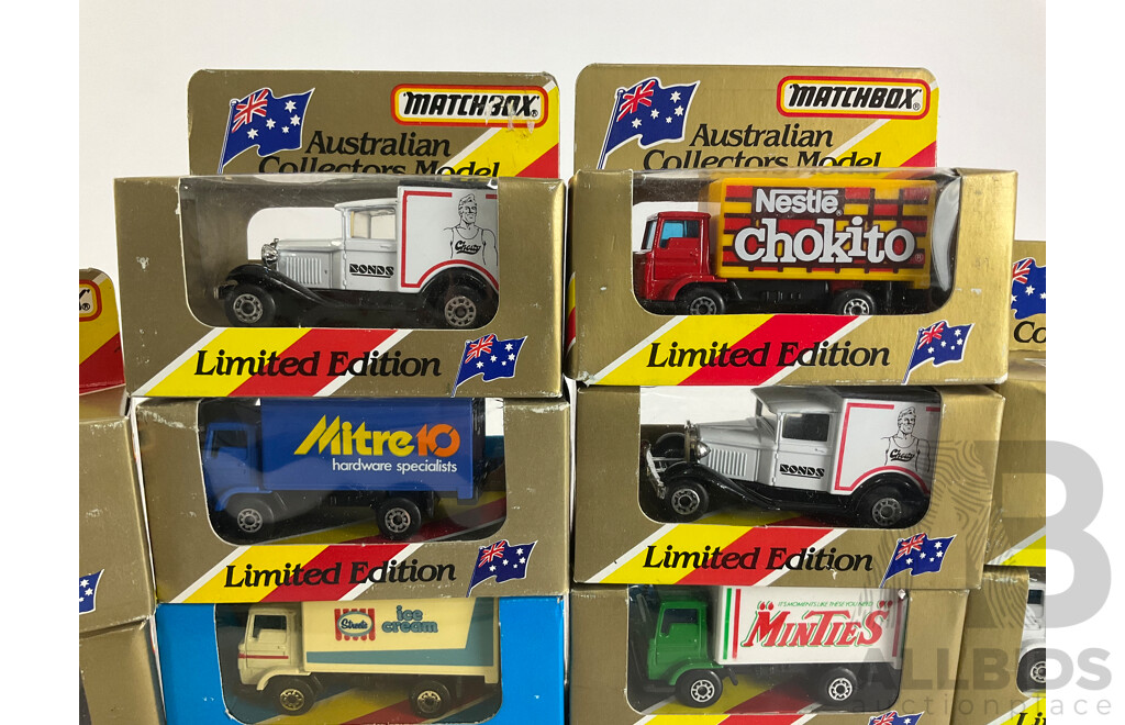 Fourteen Matchbox Australian Collectors Models/Special Collector's Models Trucks Including Ampol, Amoco, Minties, John West, Mitre 10, Chokito, Streets, Bonds