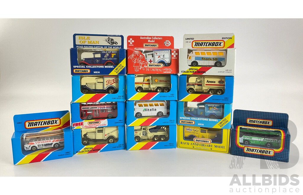 Fourteen Matchbox Australian Collectors Models/Special Collector's Models Including Isle of Man, Amoco Pepsi Cola The Australian Trucks, Stork SB, City Line Tourist, Voyager, Alitlia Around London Tour Bus Buses,